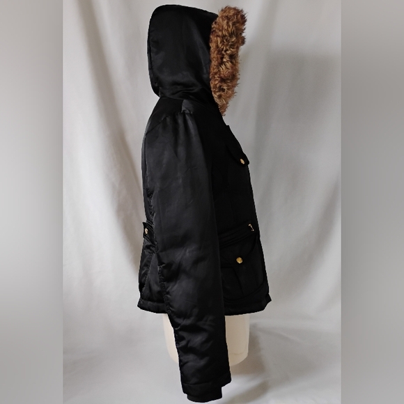 Women's Guess Black & Gold Winter Puffer Coat Hooded Jacket with Faux Fur Trim - Picture 9 of 16